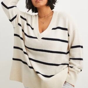 Aerie Unreal V-Neck Sweater Navy Stripe Sz Small Oversized Cozy Coastal Nautical